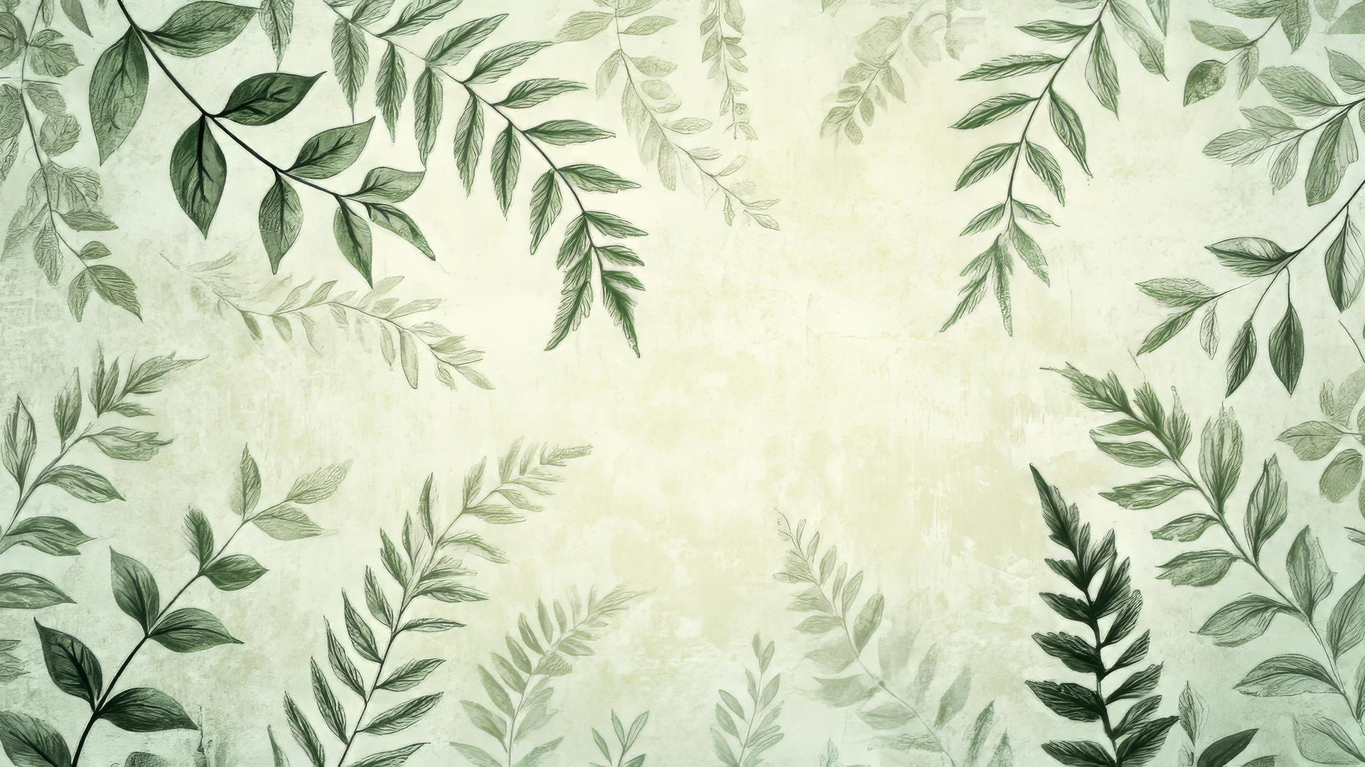 A botanical light green wallpaper with delicate fern fronds and leafy vines cascading down