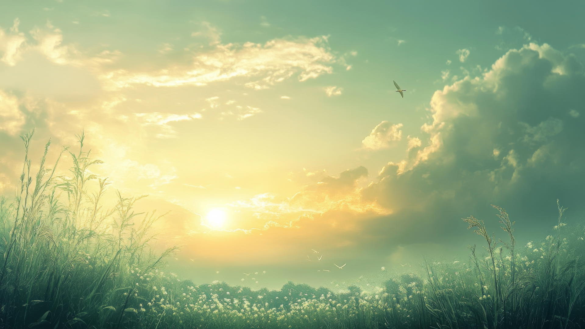 sage green wallpaper with soft clouds and golden sunset glow