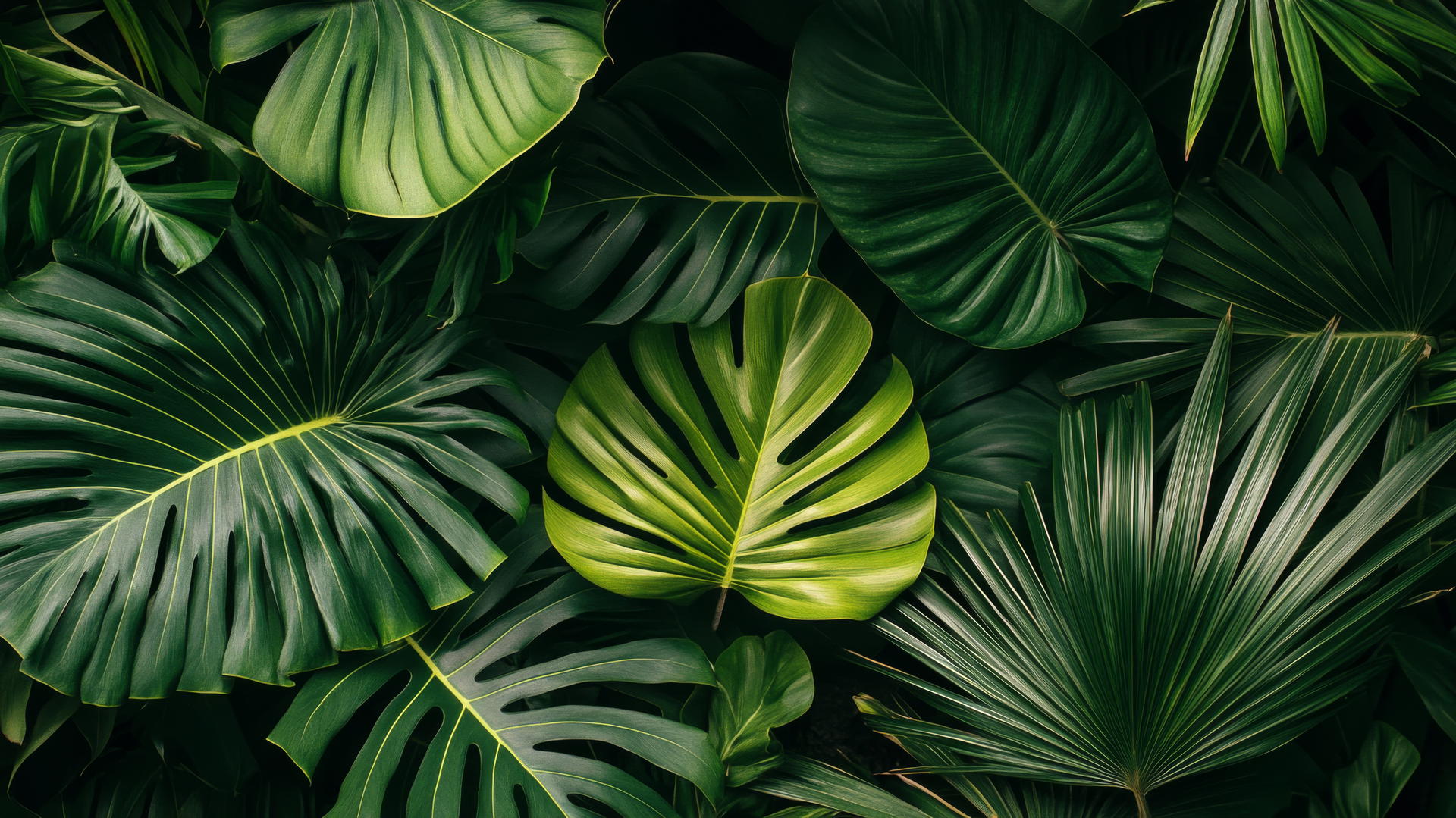 Green wallpaper with detailed close-up of tropical palm leaves