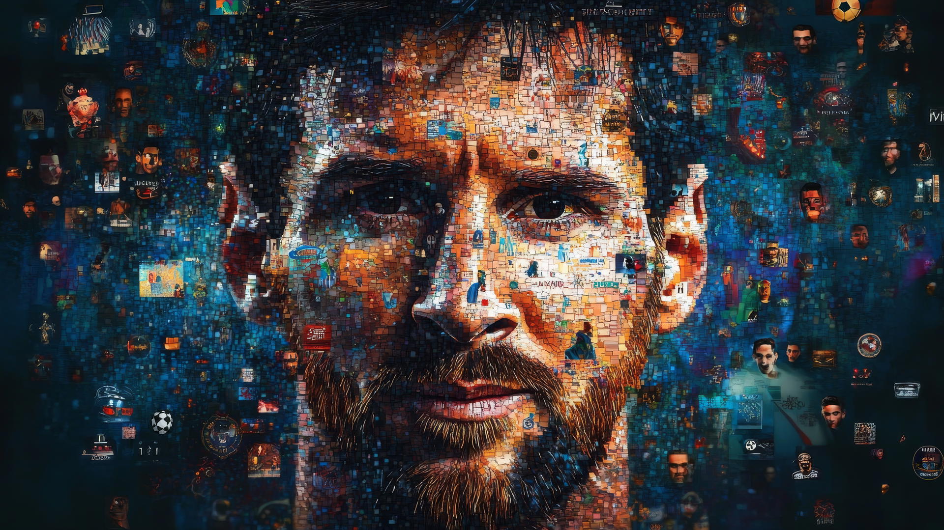Wallpaper messi 4k, mosaic of Messi's face made with soccer icons