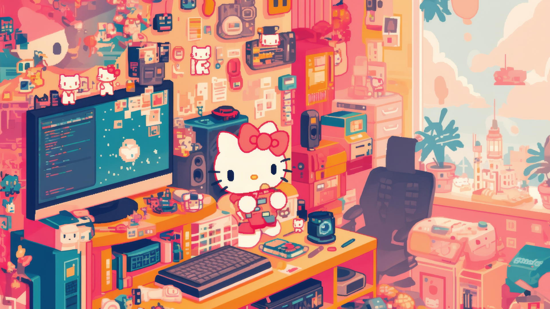 Y2K Hello Kitty wallpaper aesthetic with pixel art and retro computer icons