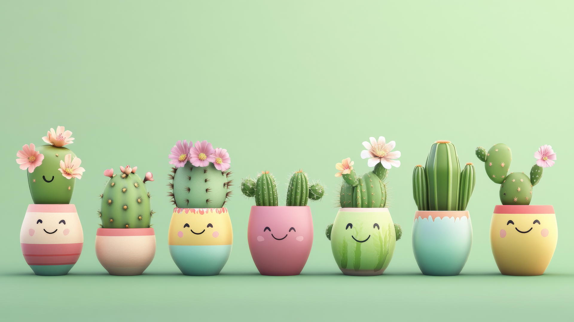 cute green wallpaper with smiling cacti in colorful pots and tiny flowers