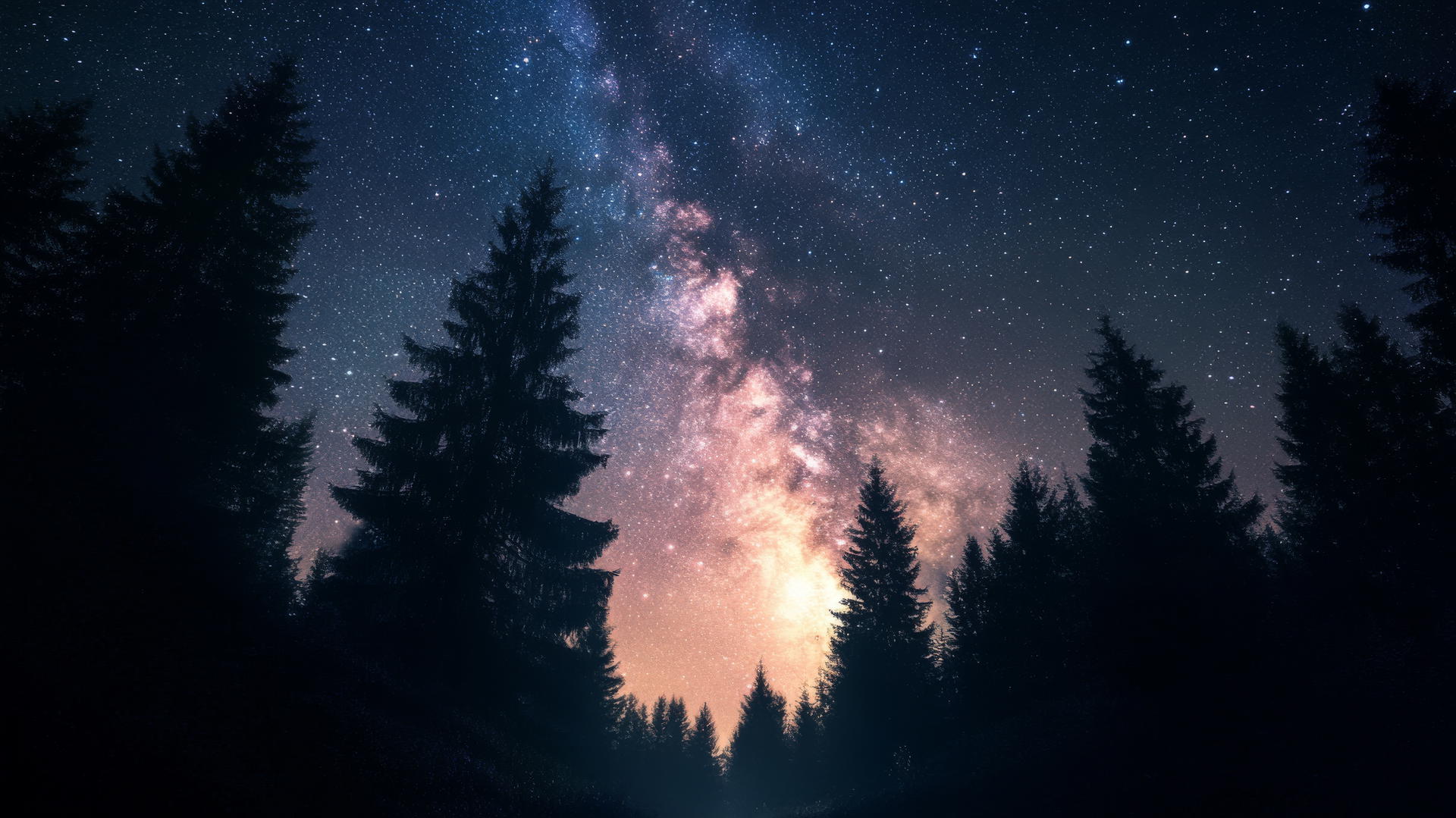 Beautiful nature wallpaper 4K of a night sky with stars over a quiet forest