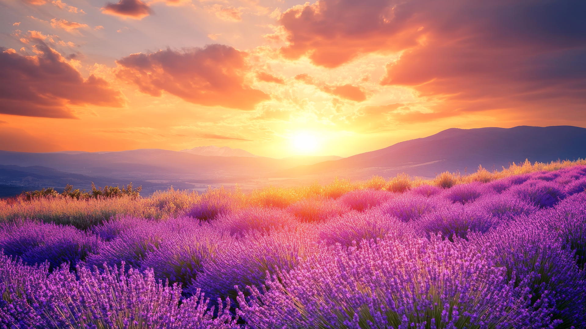 a beautiful nature wallpaper 4k showing a vibrant field of lavender under a golden sunset