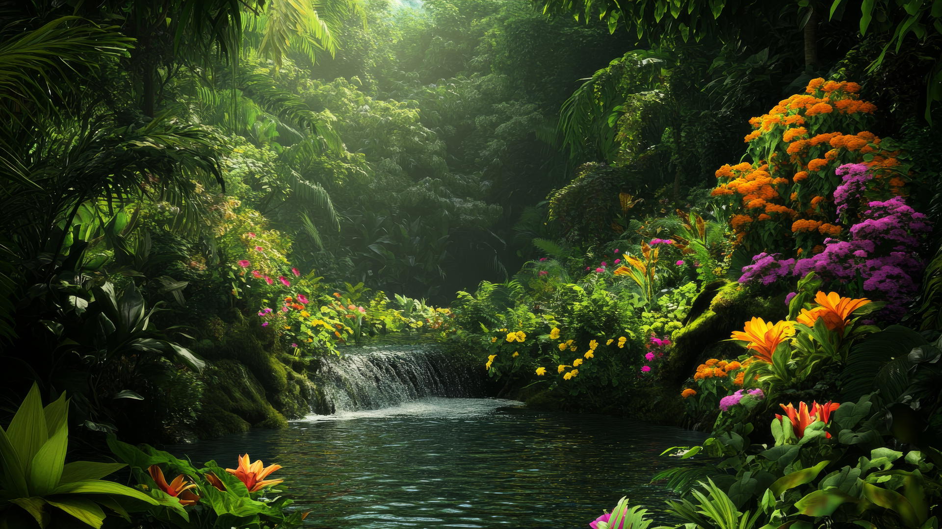 lush jungle with dense foliage, vibrant flowers, and flowing stream, nature wallpaper
