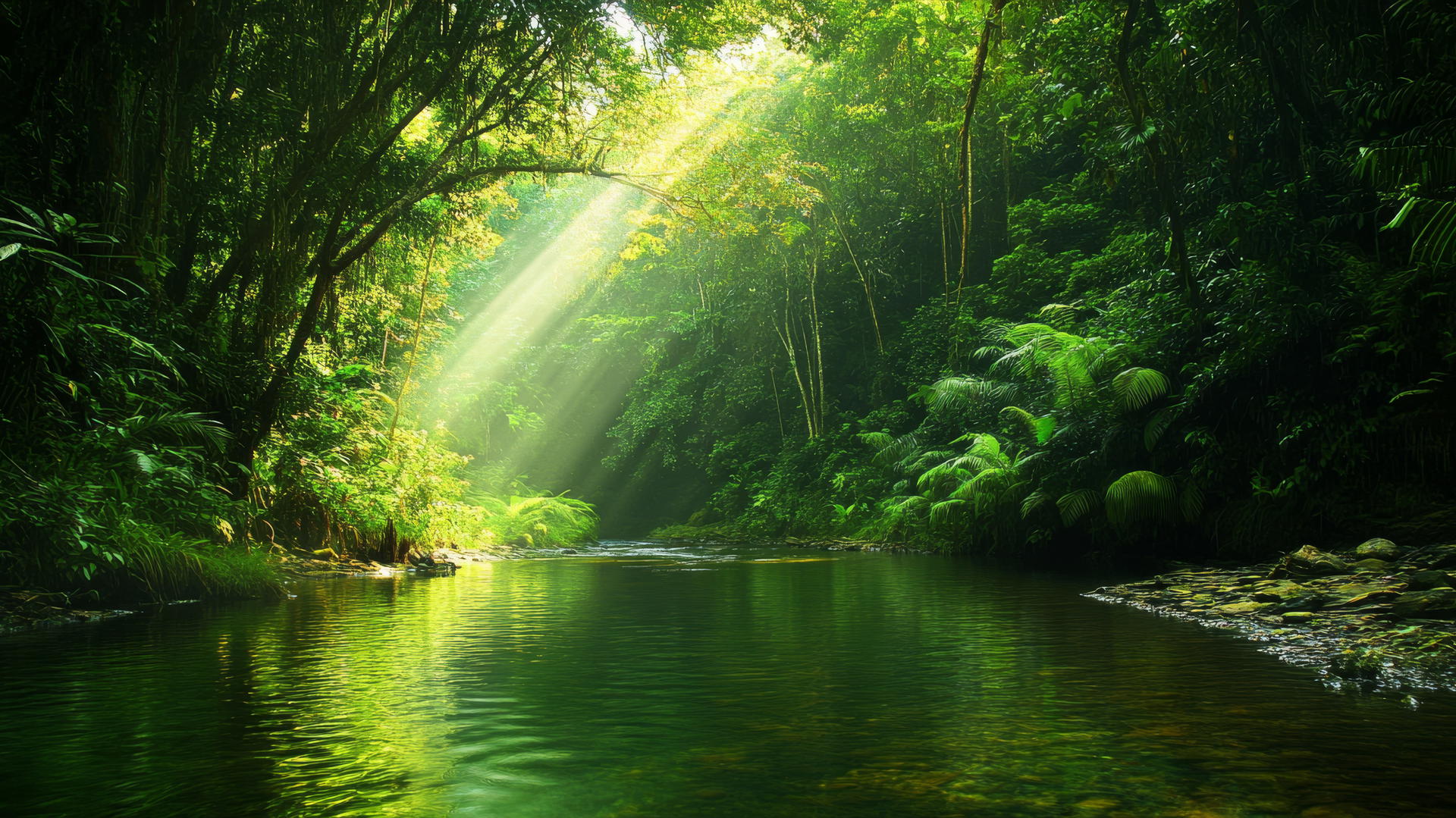 nature wallpaper of a tranquil river winding through a dense, green rainforest with sunlight