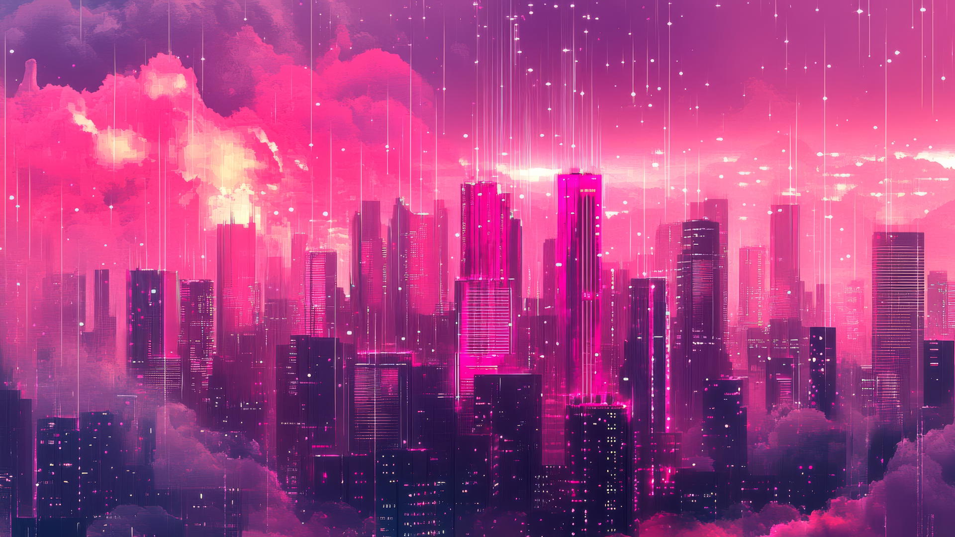 pink y2k wallpaper with neon pink skyscrapers and glitchy digital rain