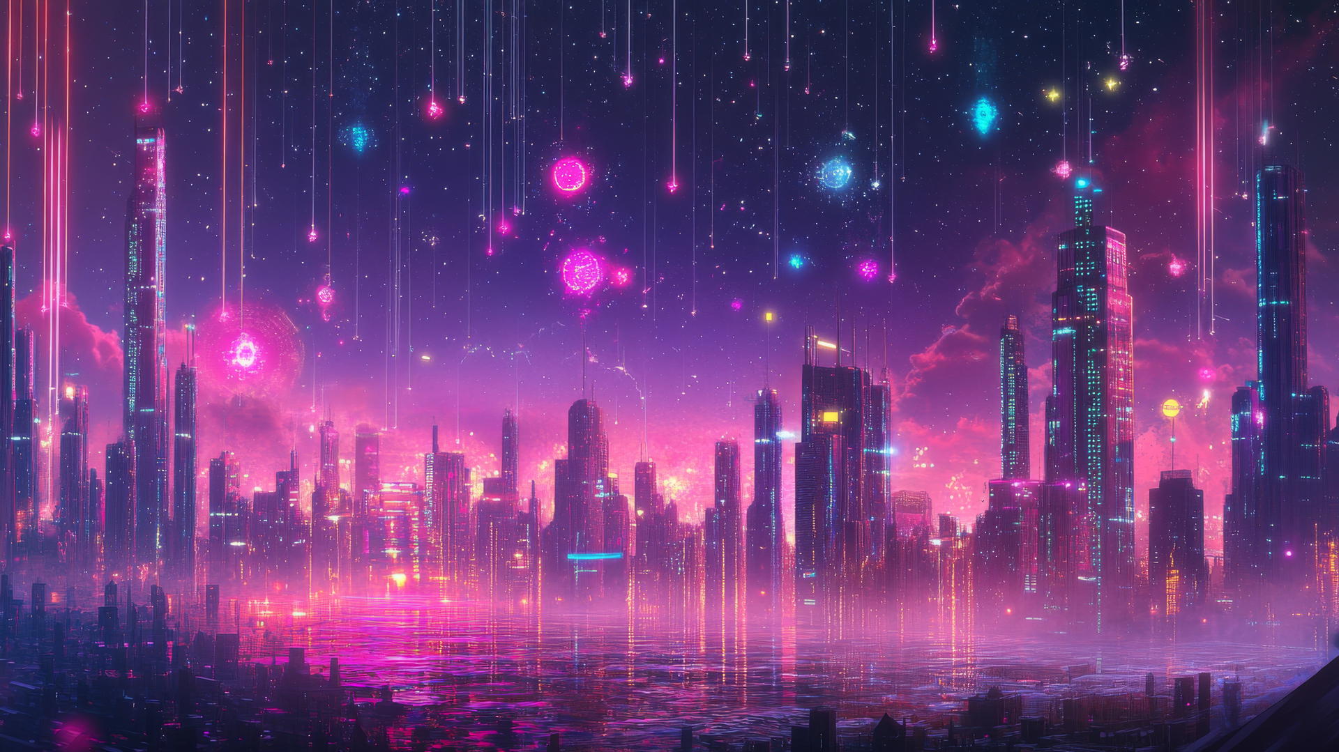 Y2K star wallpaper with digital city skyline, neon sky, pixelated rain.