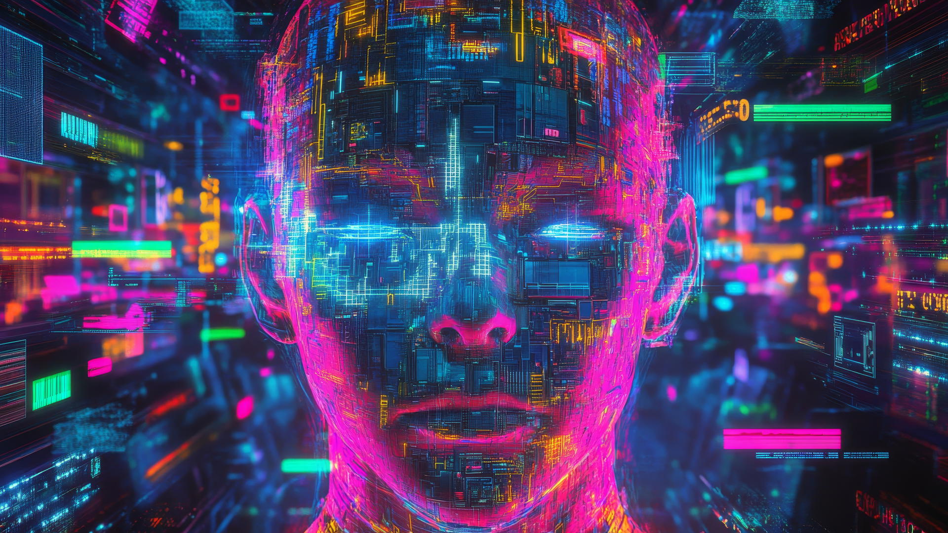cyber y2k wallpaper with glitchy digital face, neon circuits, binary code