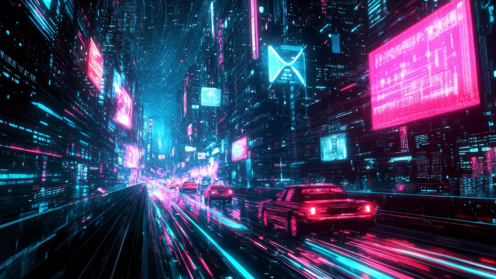 cyber Y2K wallpaper with digital highway, neon trails, pixelated cars, holographic billboards