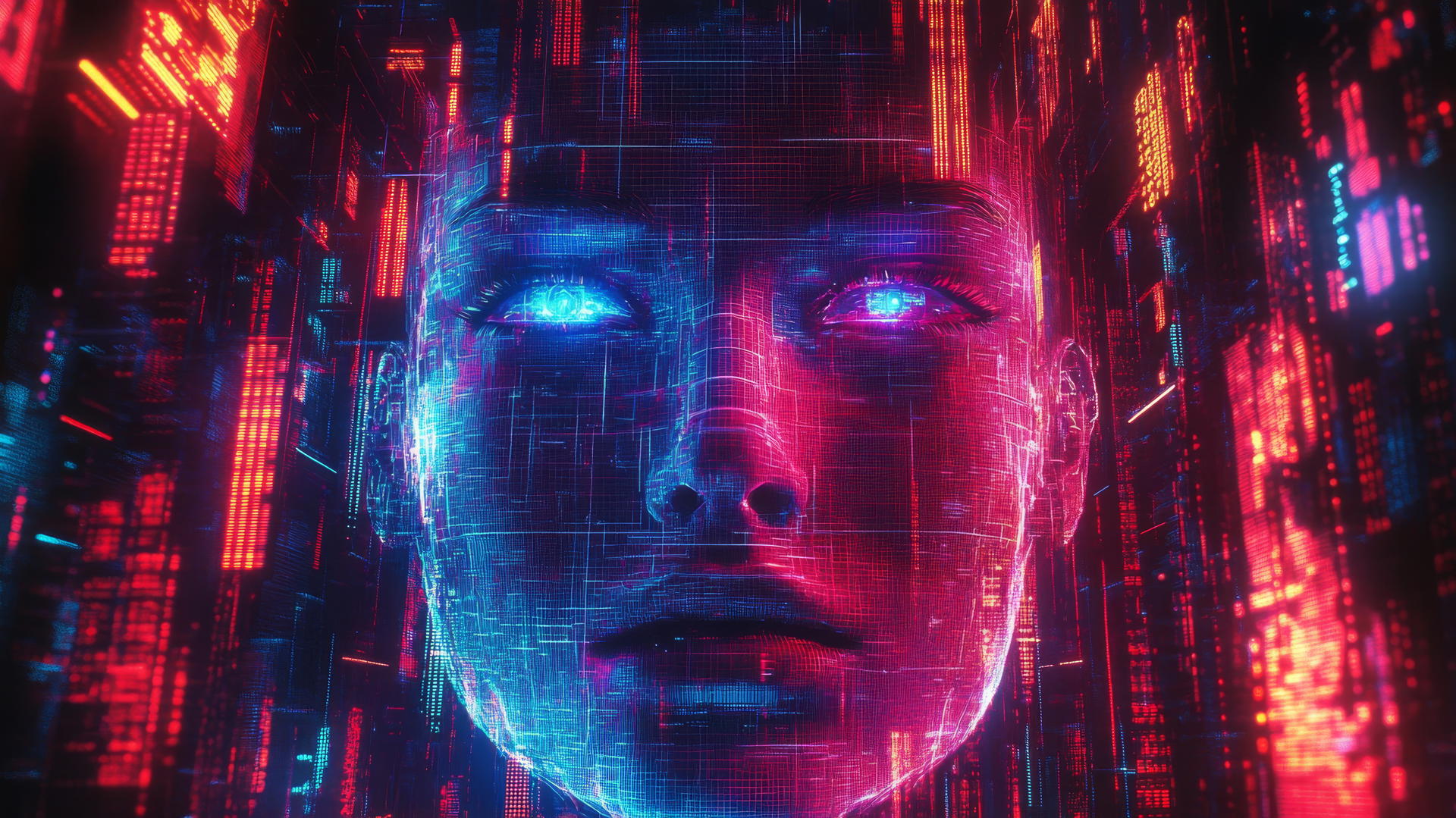 cyber y2k wallpaper with glitchy digital face, neon circuits, binary code