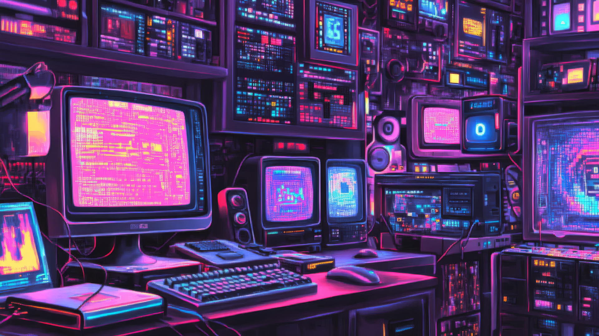 wallpaper y2k with retro computer desktops, pixelated icons, and neon screensavers