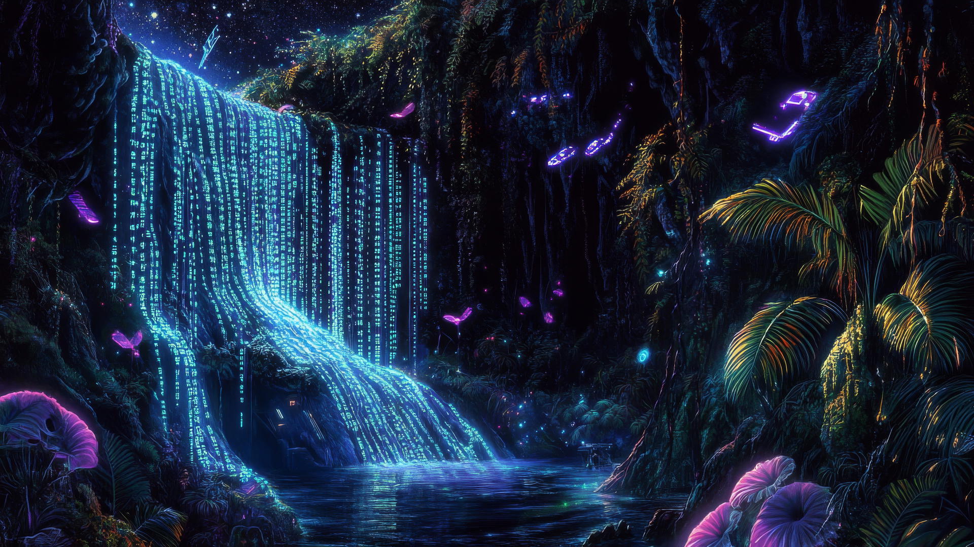 wallpaper y2k with cybernetic jungle, glowing vines, neon animals, and digital waterfall
