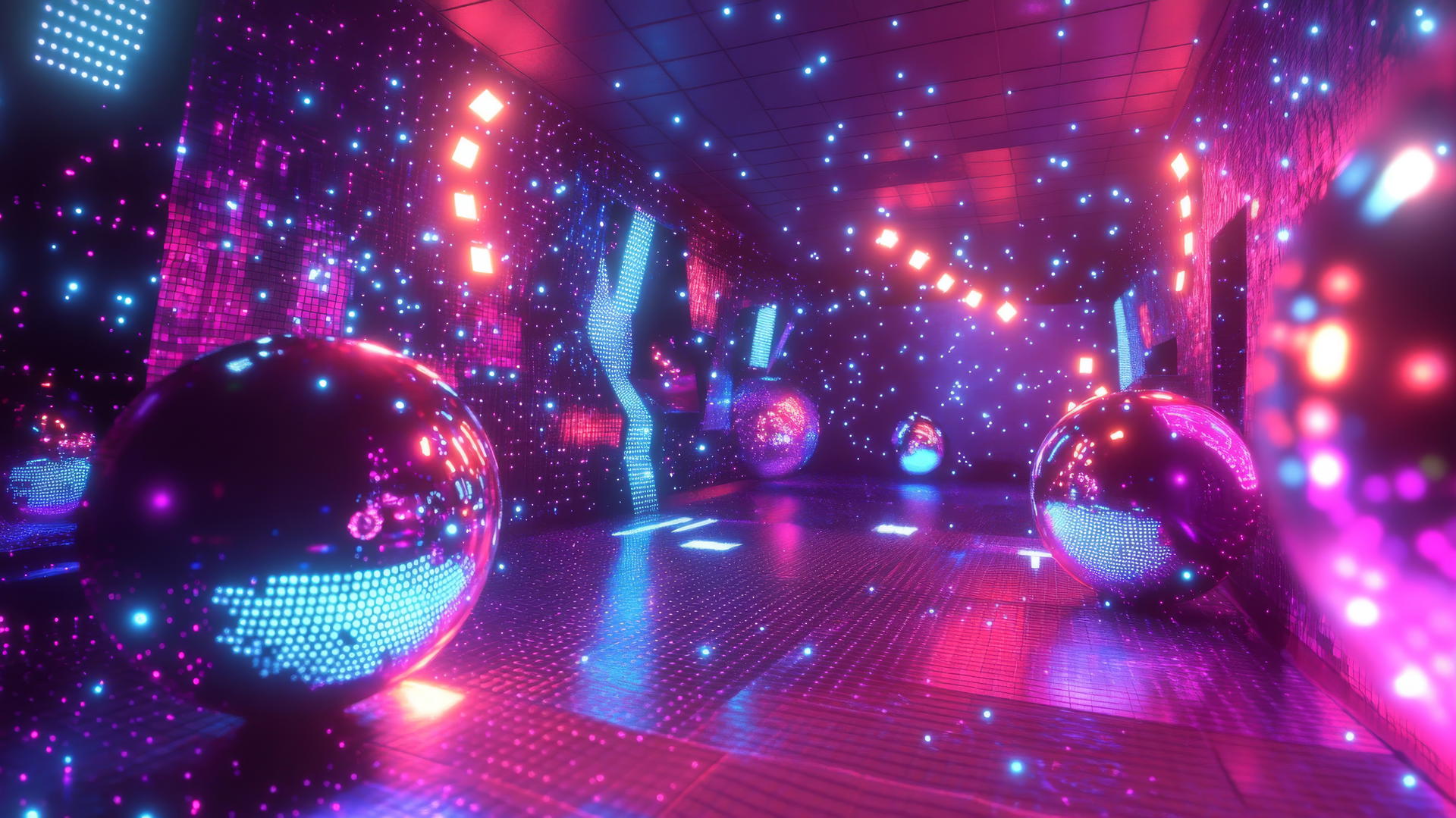 Y2K wallpaper with a futuristic dance floor, holographic disco balls, neon lasers, and pixelated confetti