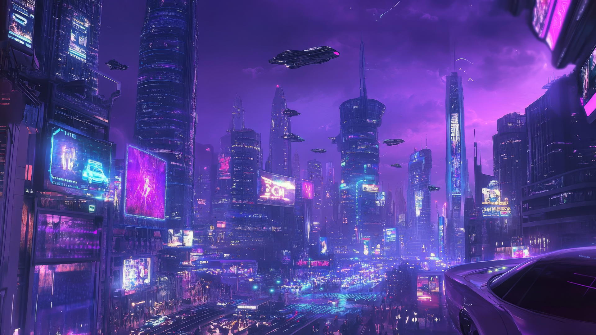 Futuristic Y2K wallpaper with neon cityscape, glitchy billboards, and flying cars