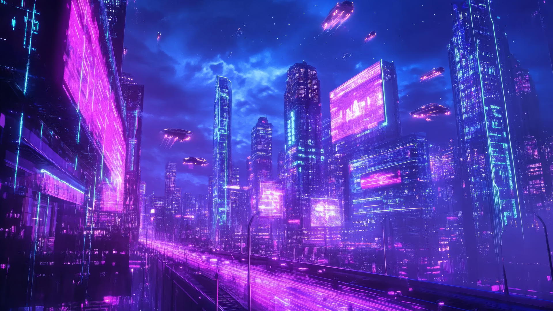 Y2K wallpaper featuring neon-lit cityscape, glitchy billboards, flying cars, retro 3D style
