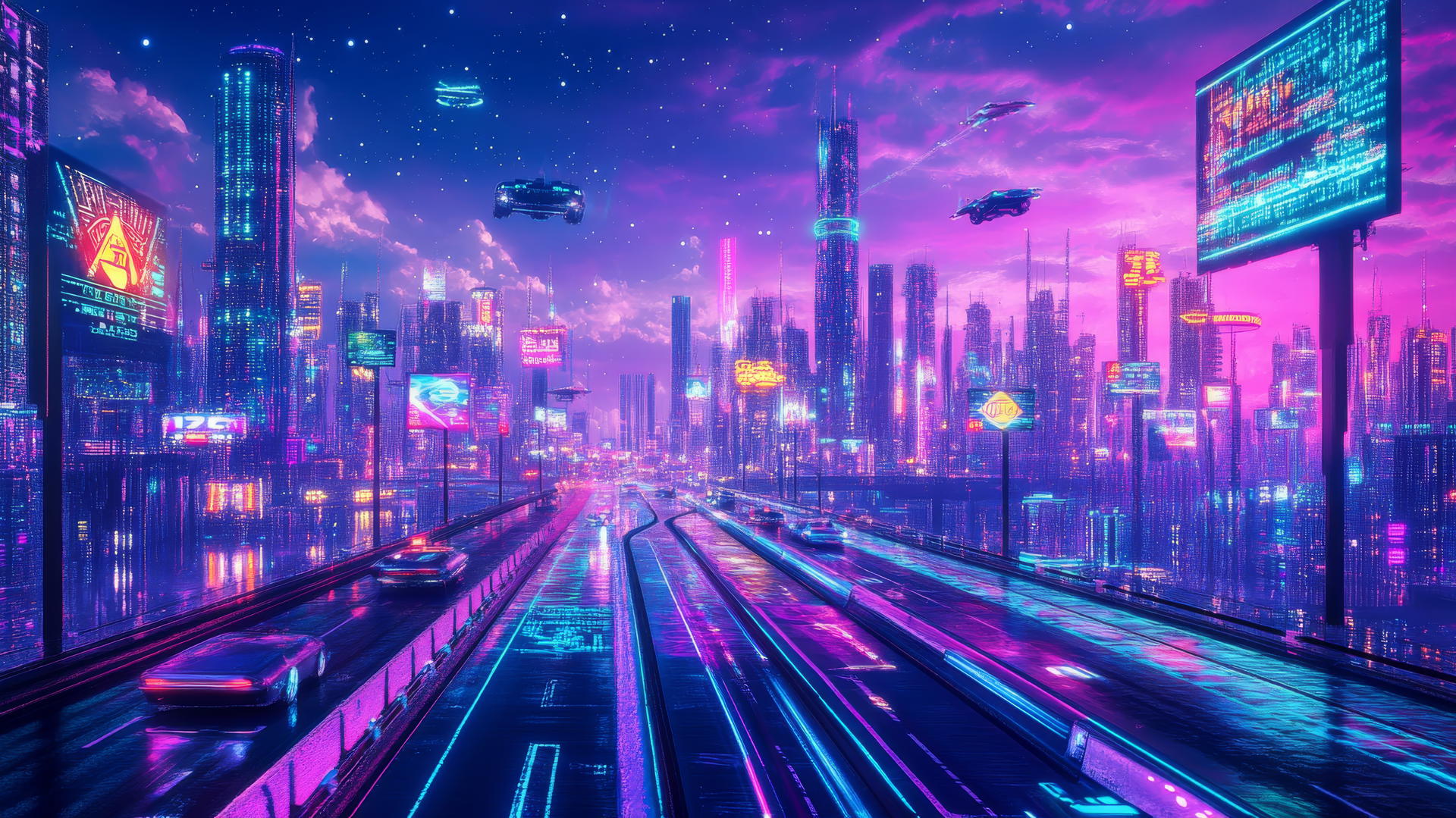 futuristic Y2K wallpaper with neon-lit cityscape, glitchy billboards, flying cars, purple and blue hues