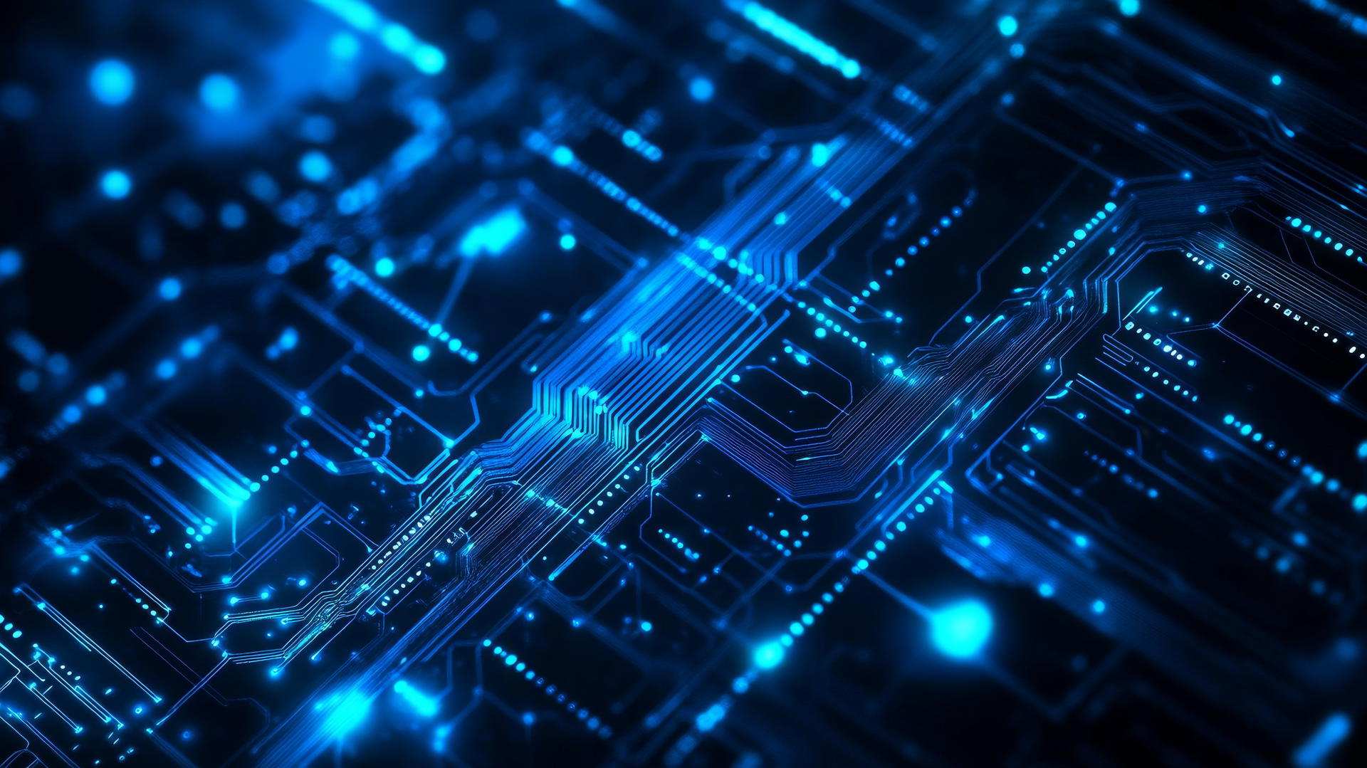blue wallpaper with glowing futuristic digital circuitry on a dark blue background