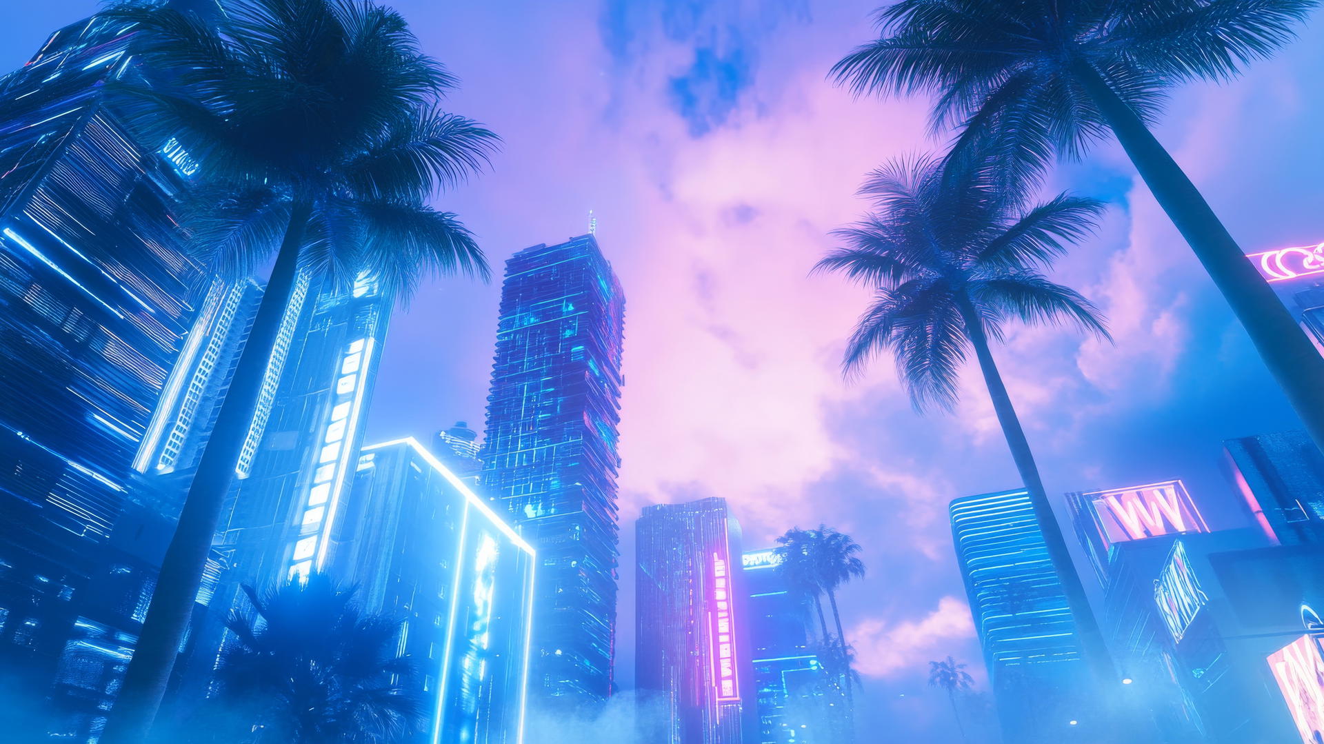blue aesthetic wallpaper with vaporwave cityscape, palm trees, and neon signs