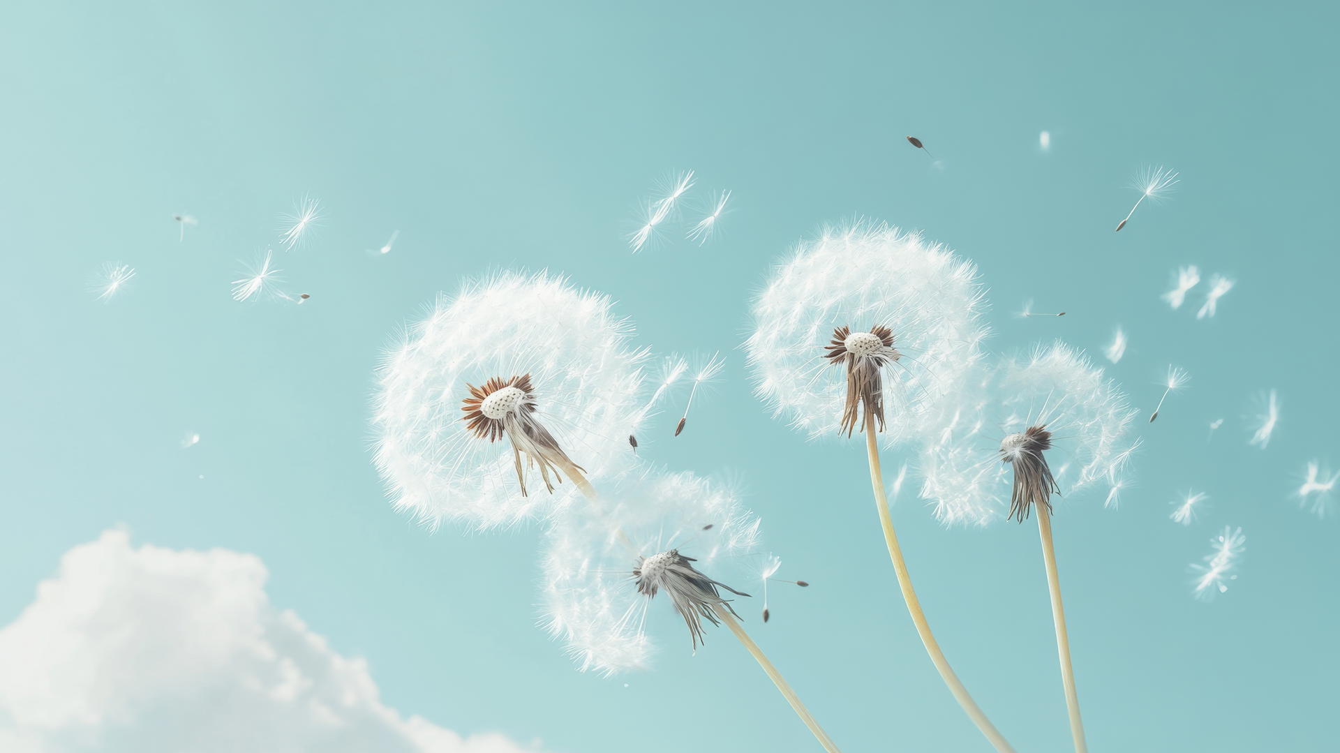 dandelion seeds blowing in the wind against a light blue wallpaper