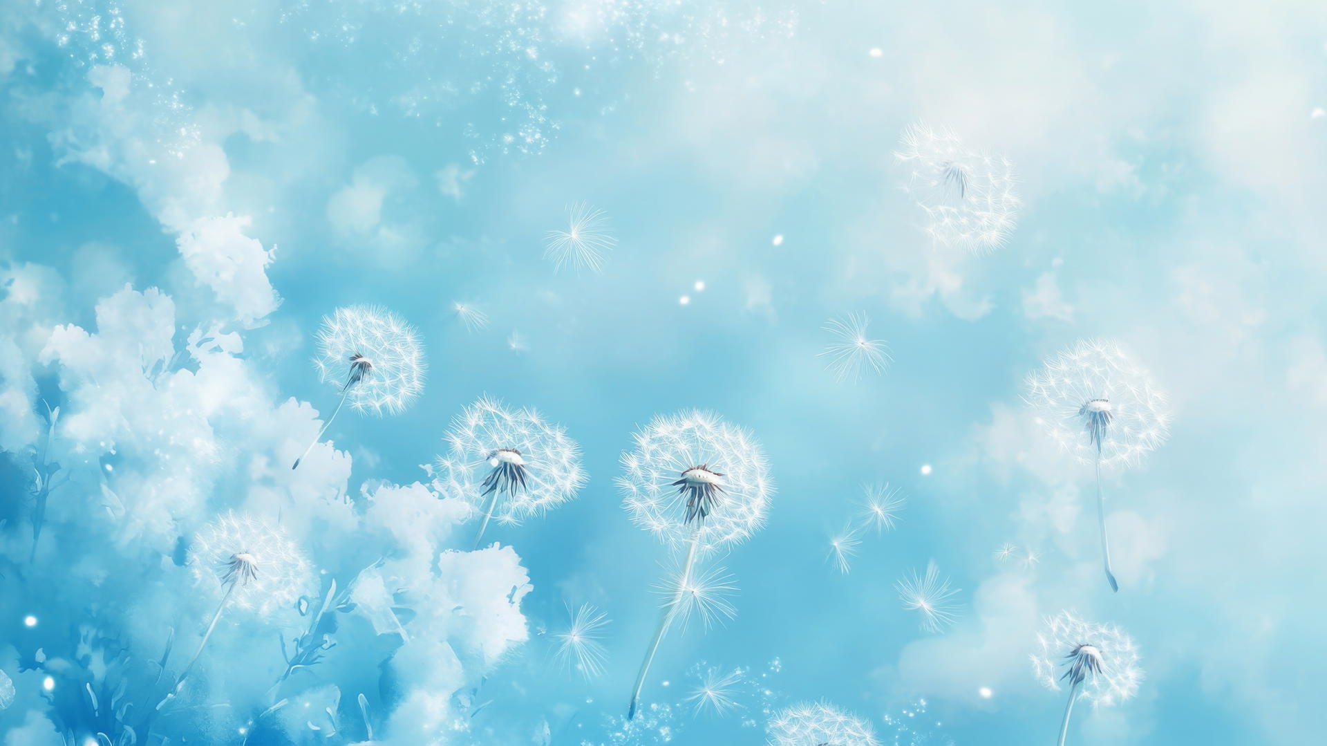 light blue wallpaper with dandelion seeds blowing in the wind