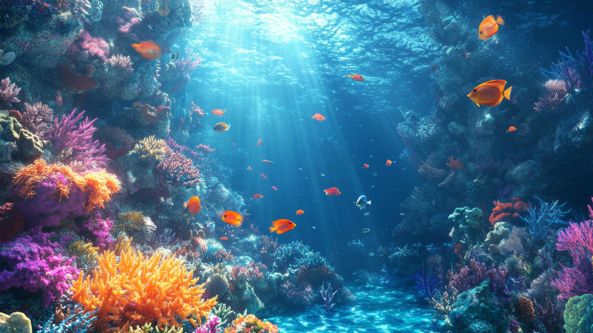 blue wallpaper aesthetic with vibrant ocean reef, coral, and exotic fish