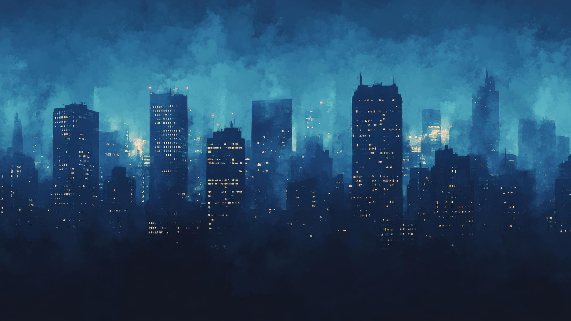 Navy blue wallpaper with city skyline silhouette at twilight, glowing skyscraper windows