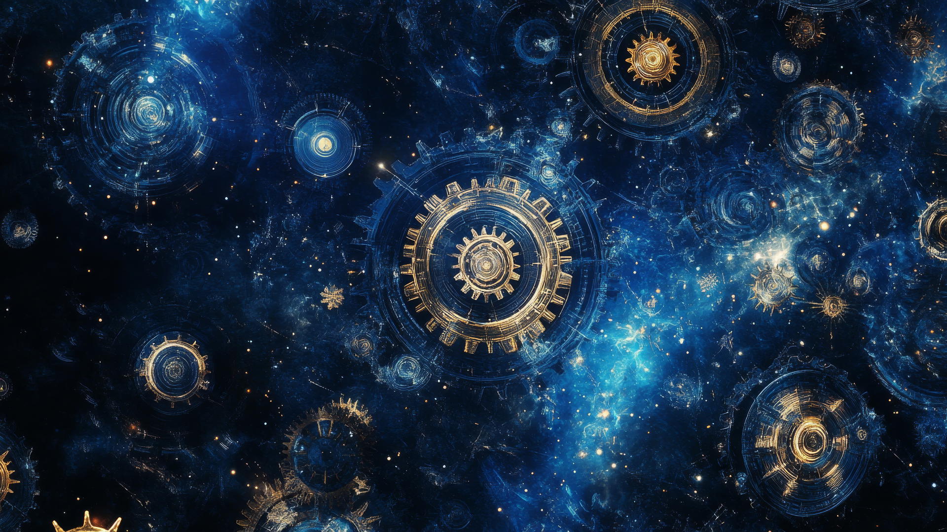navy blue wallpaper with cosmic clockwork design, intricate gears, and celestial motifs