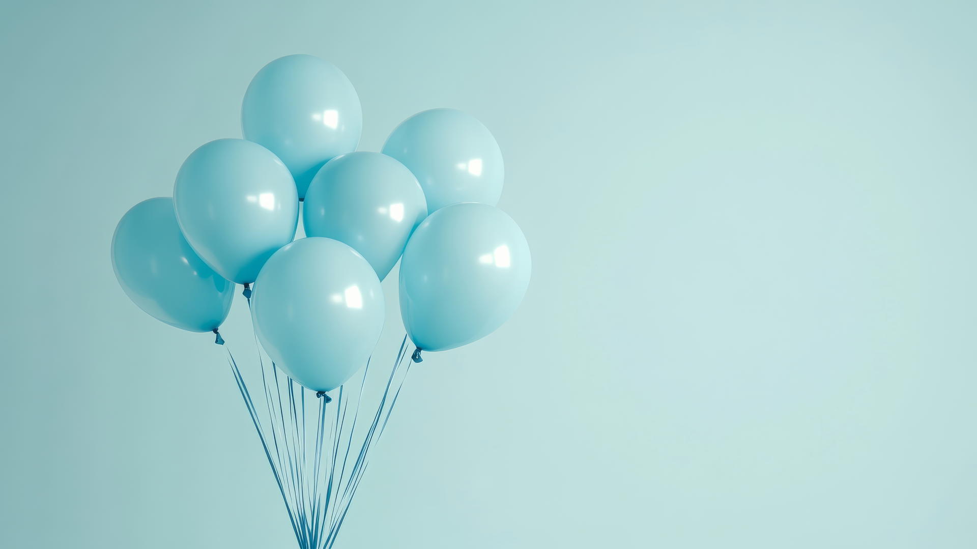 baby blue wallpaper with a bouquet of helium balloons floating in a light sky