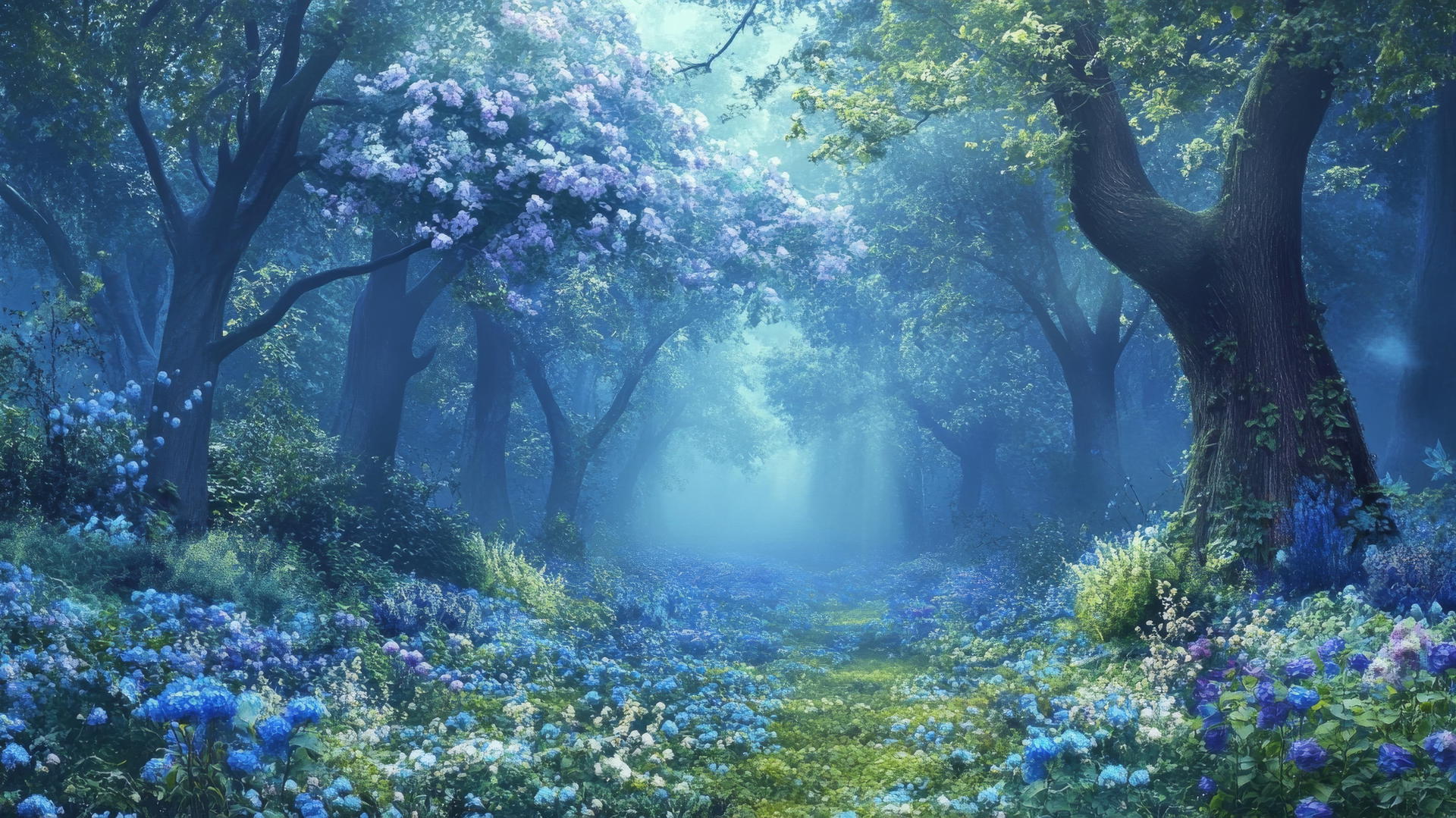 wallpaper blue with enchanted floral forest and blue mist