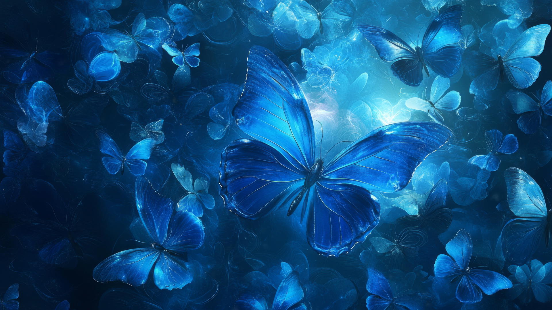 blue butterfly wallpaper with abstract swirls and luminous accents