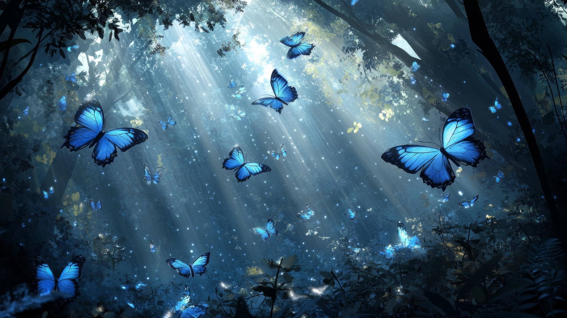 blue butterfly wallpaper with glowing butterflies in a moonlit forest
