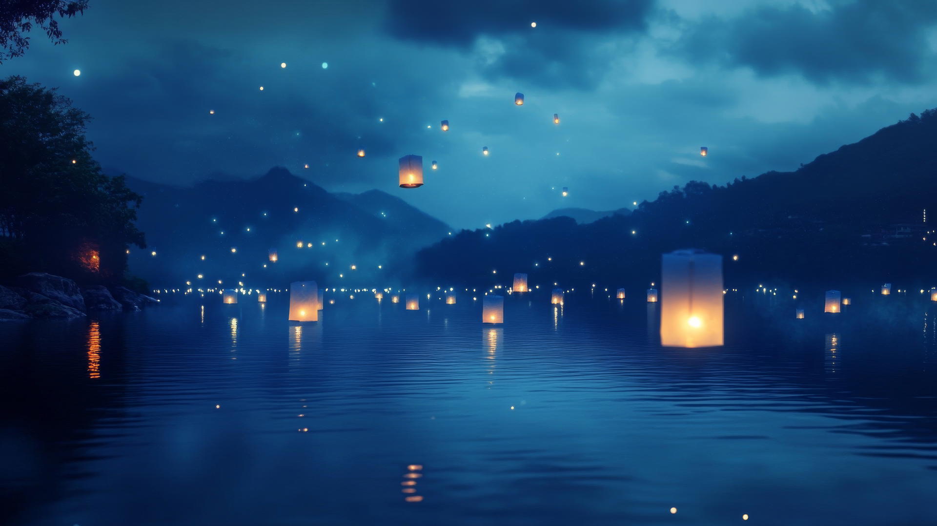 aesthetic blue wallpaper with floating blue lanterns on a dark blue lake at twilight