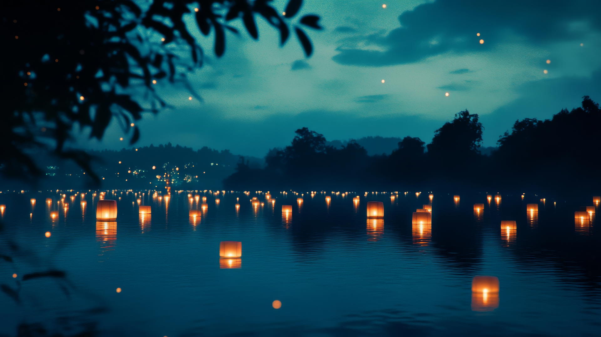 aesthetic blue wallpaper of floating lanterns on twilight lake