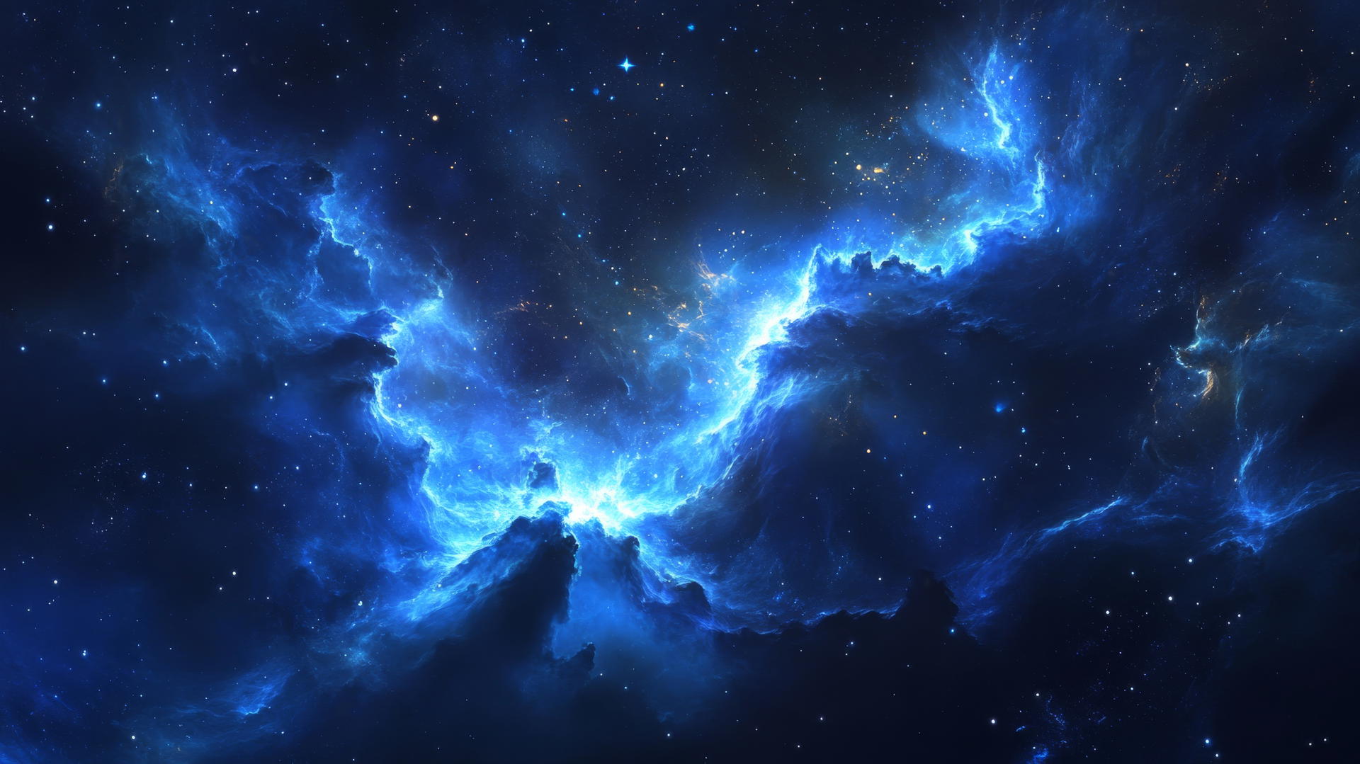 Aesthetic wallpaper in blue featuring an ethereal nebula with swirling gases and stars.