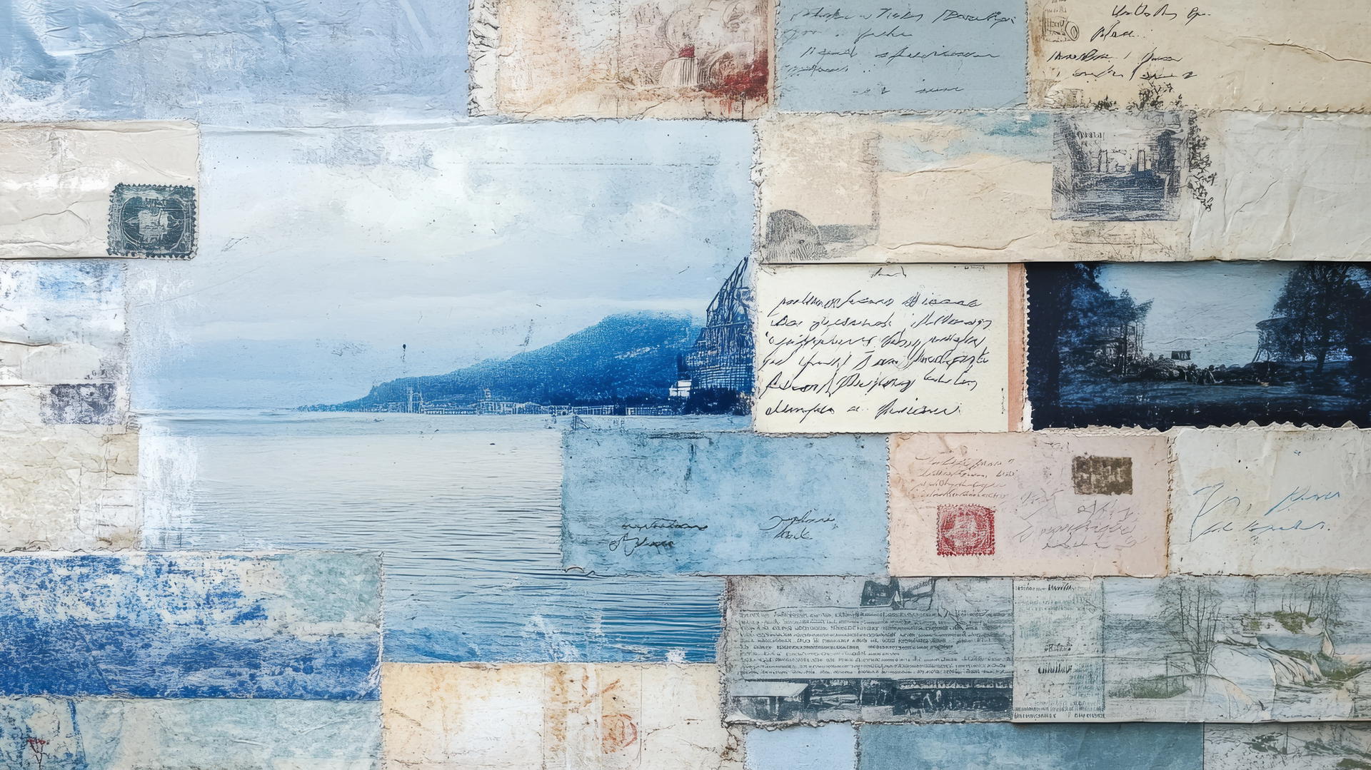 Aesthetic wallpaper blue with vintage postcards, faded stamps, and handwritten notes