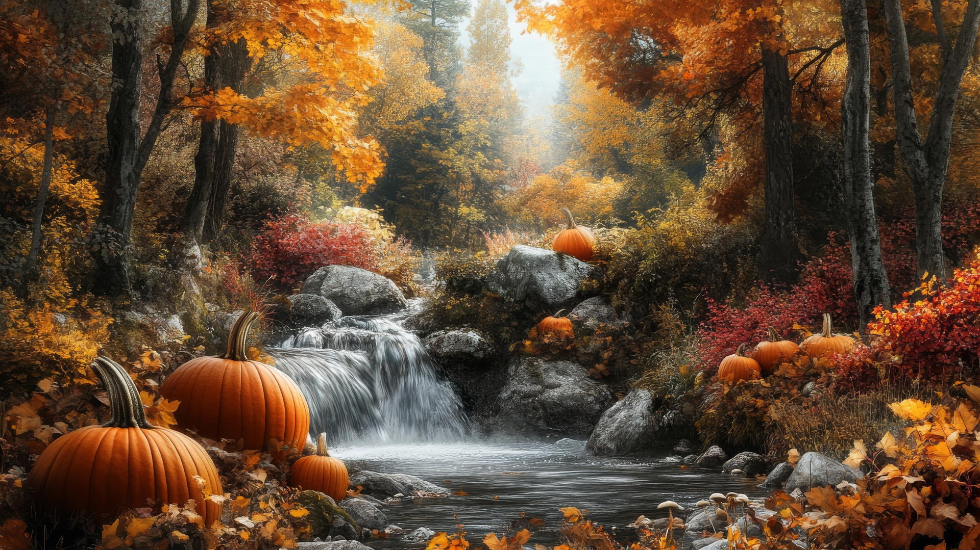 thanksgiving wallpaper with serene autumn forest, vibrant fall foliage, pumpkins, and gentle stream