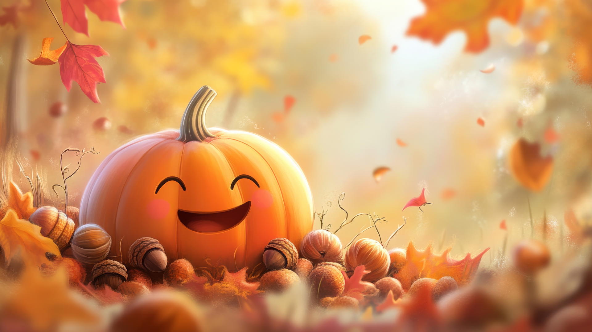 cute thanksgiving wallpaper of a smiling pumpkin with acorns and autumn leaves
