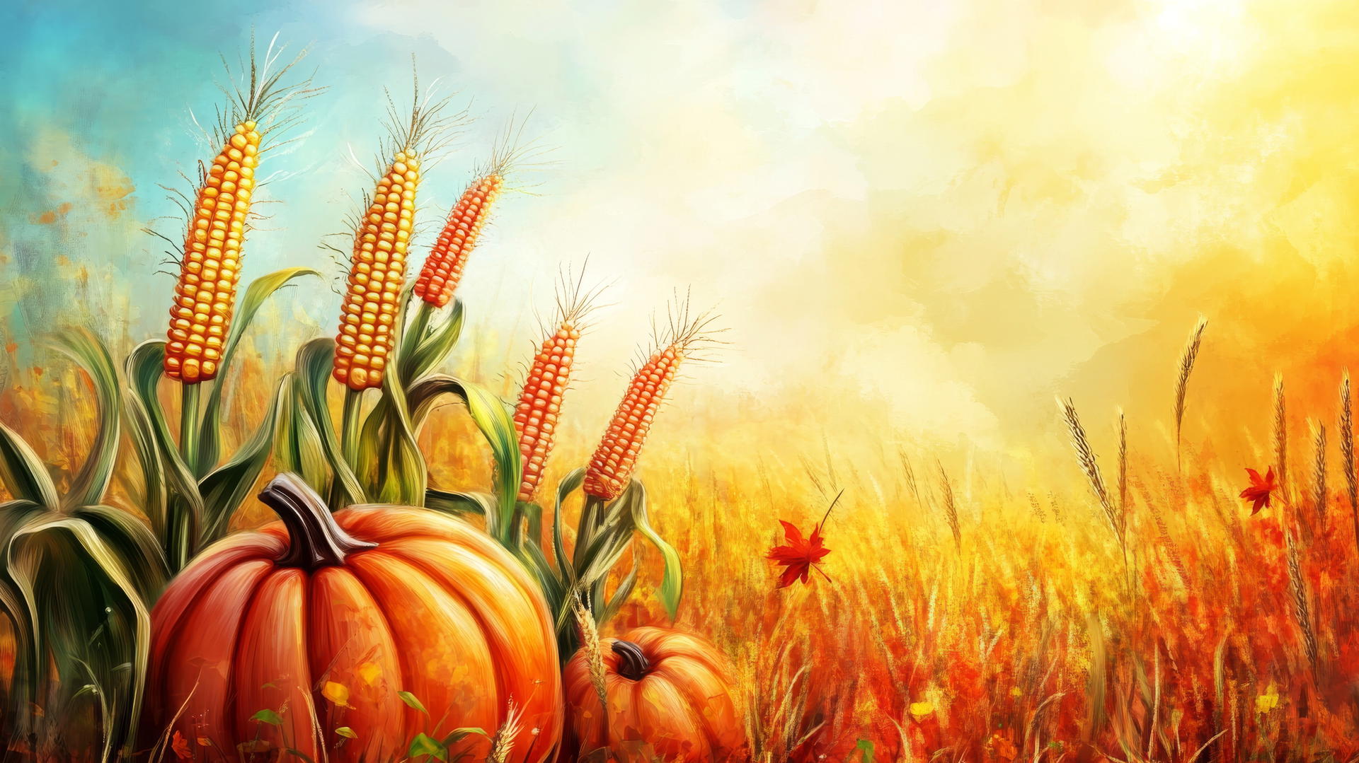 Thanksgiving wallpaper cute with cartoon corn stalks and pumpkins dancing under autumn sun.