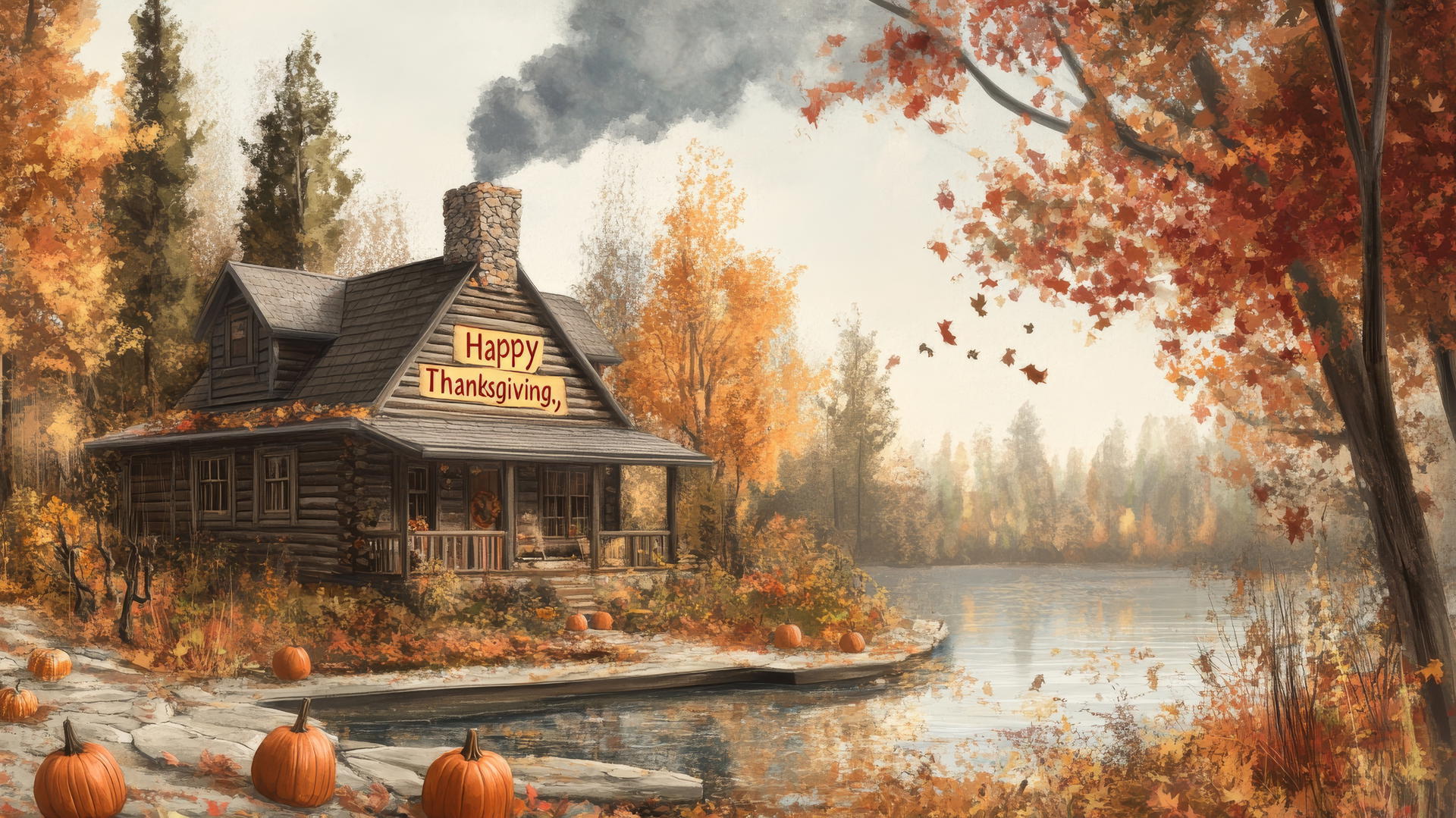 happy thanksgiving wallpaper with watercolor lakeside cabin, autumn leaves, and pumpkins