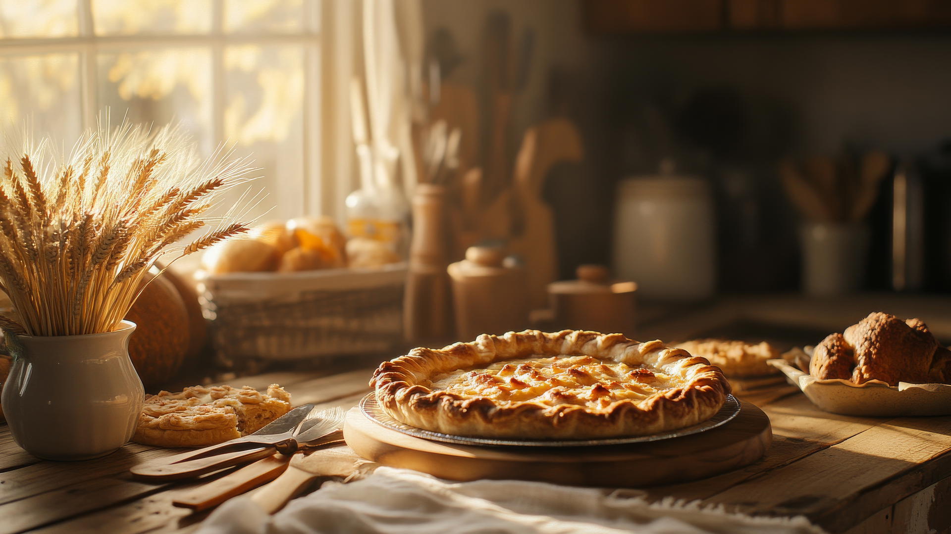 thanksgiving aesthetic wallpaper with a rustic kitchen table, warm morning light, freshly baked pies, hand-carved wooden utensils, and dried wheat bouquet