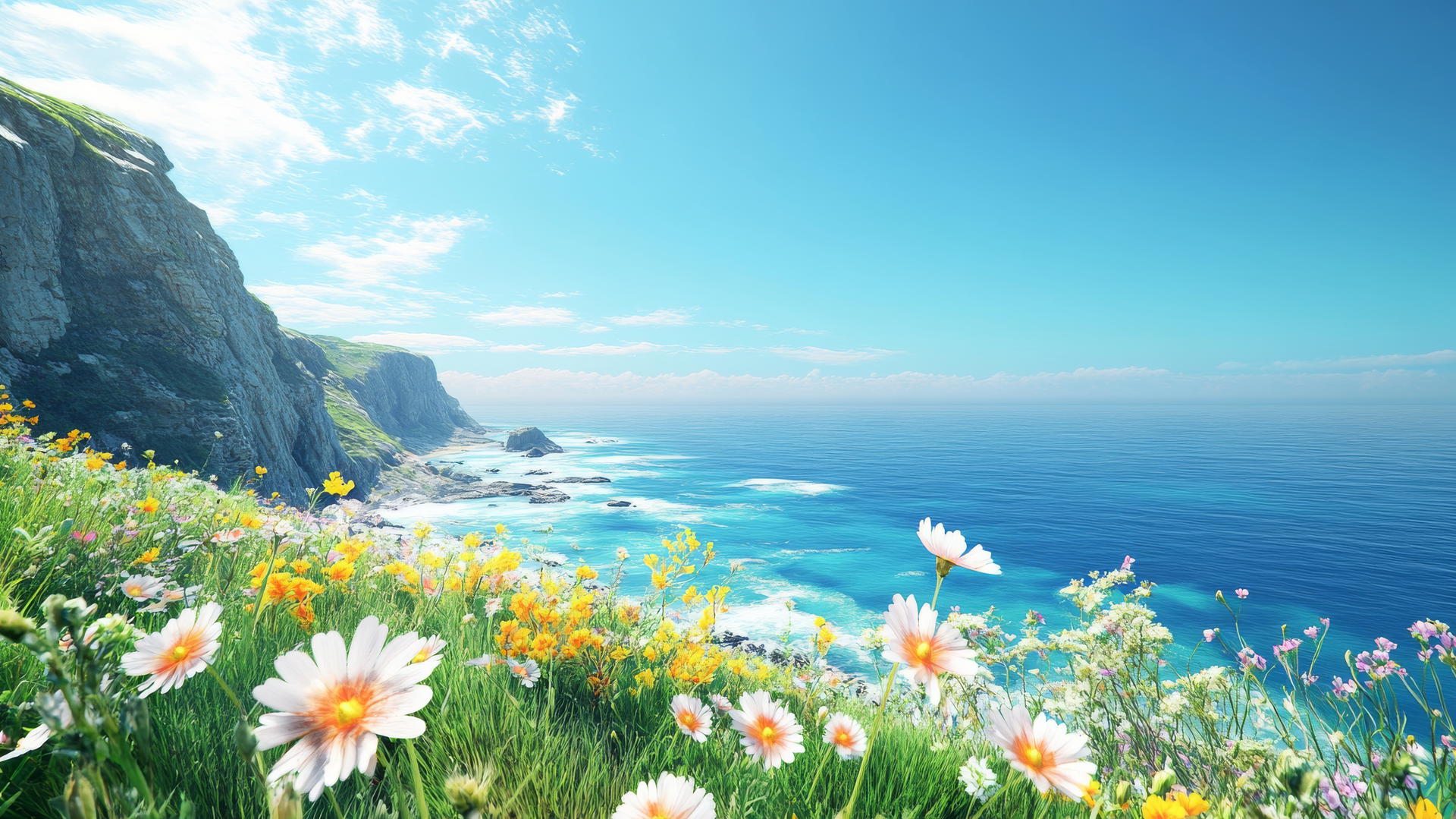 Scenic coastal cliffside with wildflowers and ocean vista; summer aesthetic wallpaper