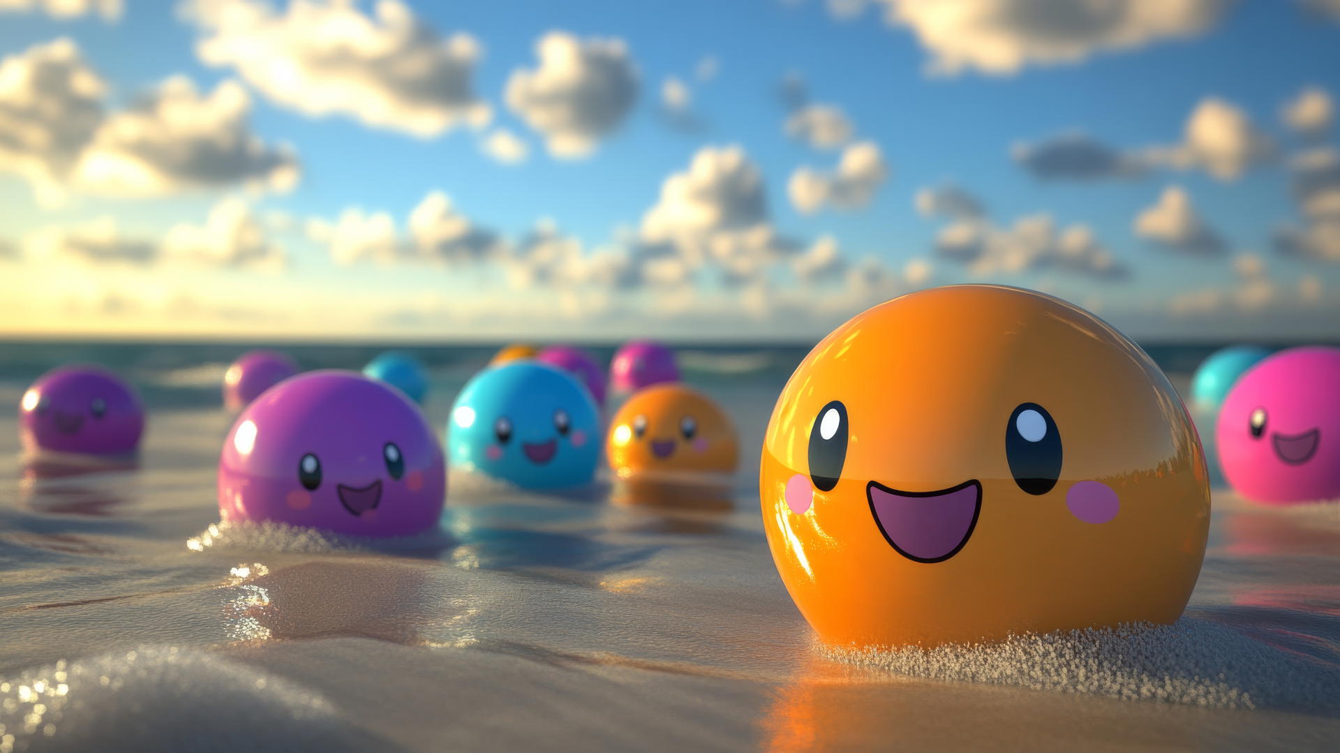cute summer wallpaper with colorful beach balls bouncing on a sandy shore