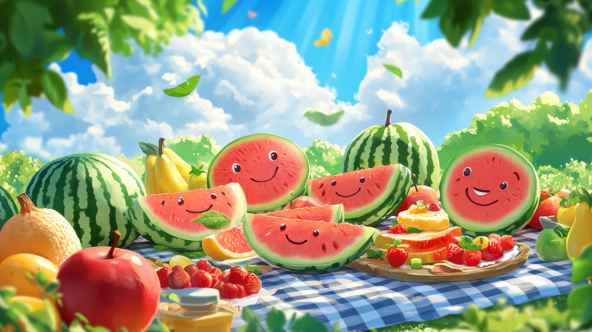 cute summer wallpaper with smiling watermelons on a picnic blanket