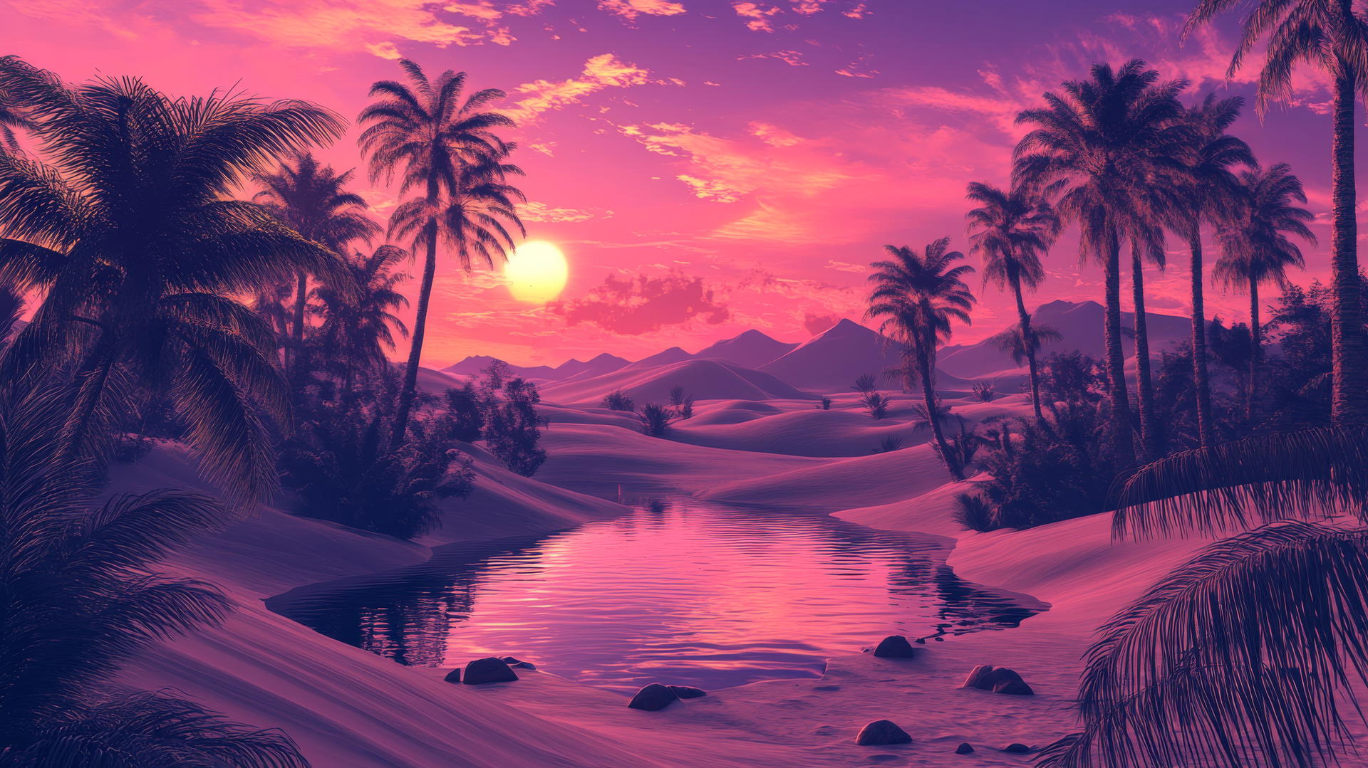 summer background wallpaper of a desert oasis at dusk with palm trees and pink to purple sky