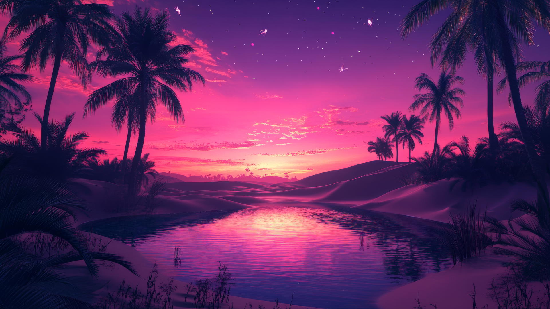 summer background wallpaper with desert oasis, palm trees, and colorful dusk sky