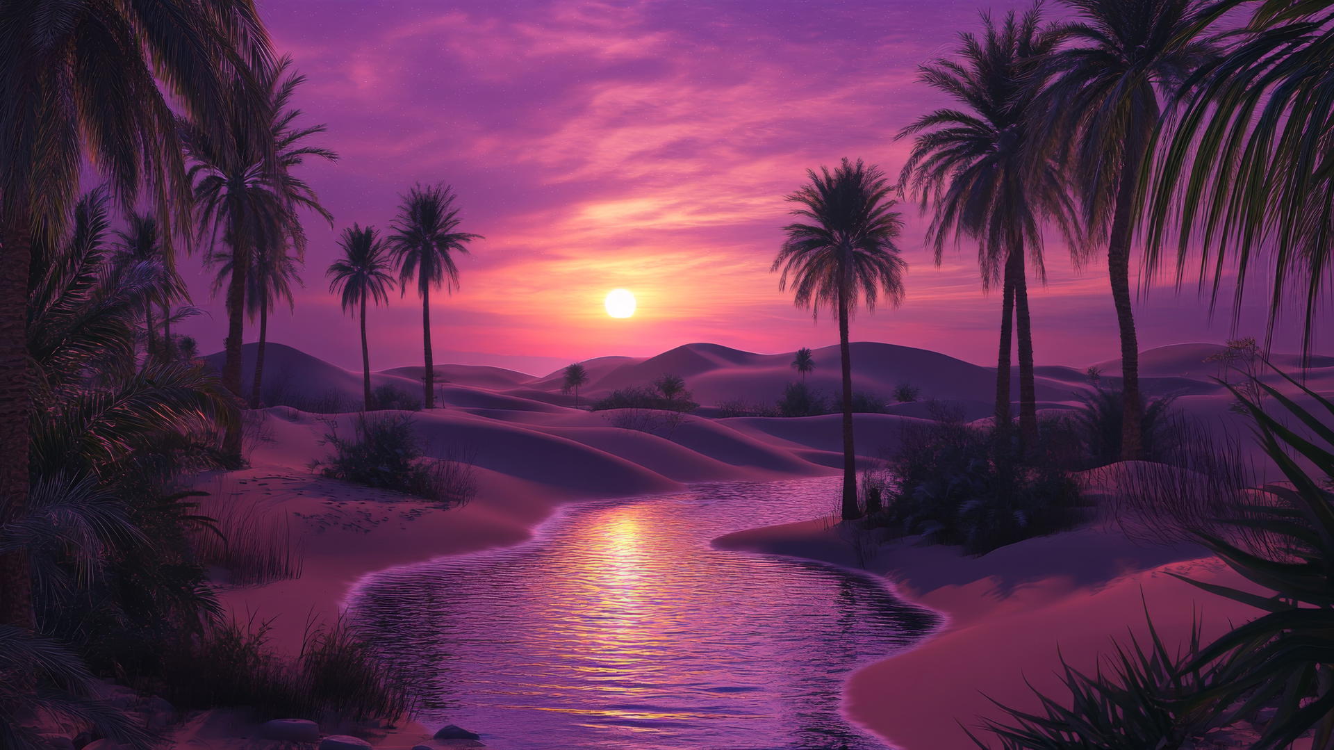 summer background wallpaper with a desert oasis at dusk, palm trees, and pink to purple sky