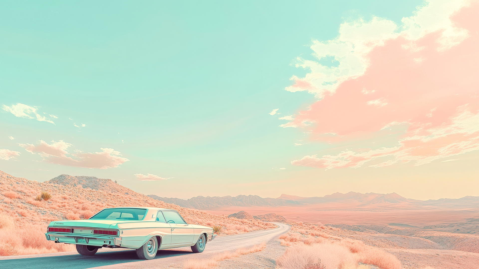 vintage road trip with a classic car, desert landscape, summer wallpaper aesthetic