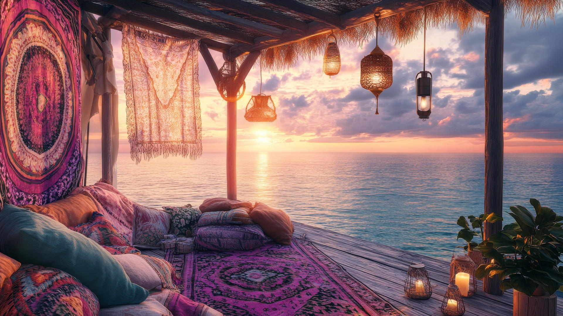 Bohemian beach hut at sunset with summer wallpaper aesthetic