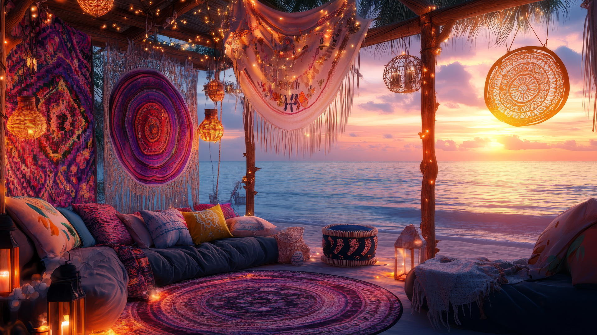 Bohemian beach hut with colorful decor, serene ocean, and pink sunset, summer wallpaper aesthetic
